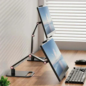 16-inch portable screen display stand holding monitors, compact and adjustable.
